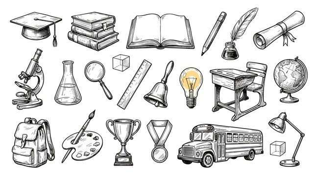 Hand drawn black ink sketch of school education and graduation icons isolated on white background