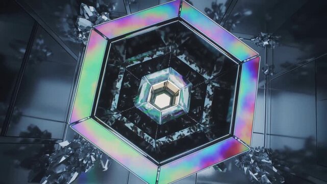 Opening panels metal cube revealing gold core, morphing into hex well in mirror box with crystal