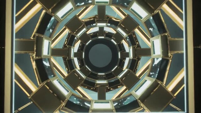 Pulling camera moving inward after vignette opening in ceiling grid, revealing segmented metal ring