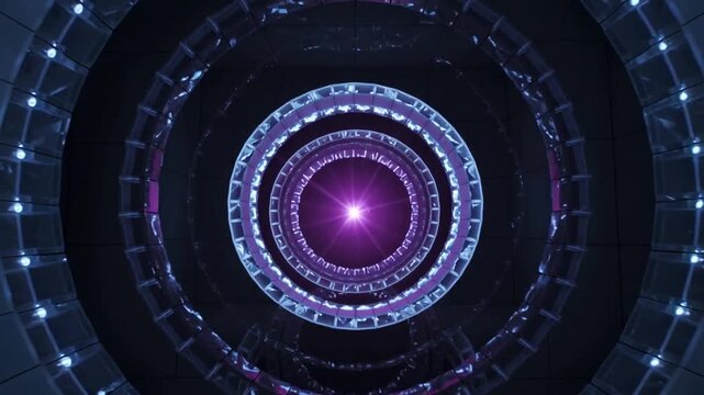 Brightening luminous ring system forming inner glowing rings in glossy chamber, purple core flaring