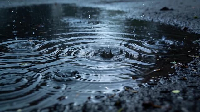 Falling raindrops striking shallow puddle on pavement, forming ripples, crowns and jets amid leaves