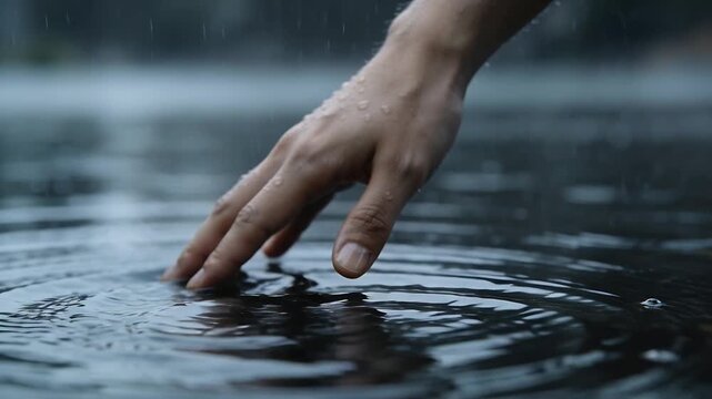 Reaching adult hand responding to rain, making fingertip brushes on pond surface, creating ripples