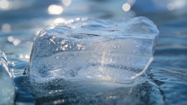 Melting clear ice chunk releasing meltwater on reflective surface, warm light initiating pools