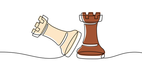 Continuous line drawing of chess pieces. Chess rook figure. Minimalist black linear sketch isolated on white background. Hand drawn vector illustration. © Yuliia