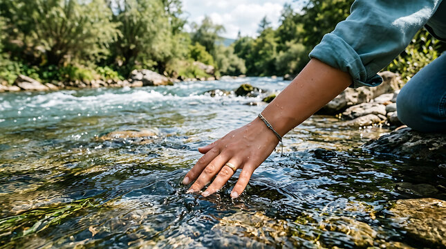 Close Up of Person Hand Touching Clear Running Water of a Mountain River in Nature