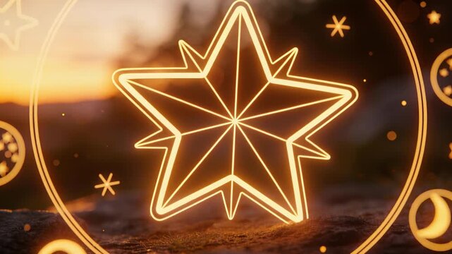 Brightening inner lines in neon 8pt star sparking emitting warm flare above sunset rock with ring