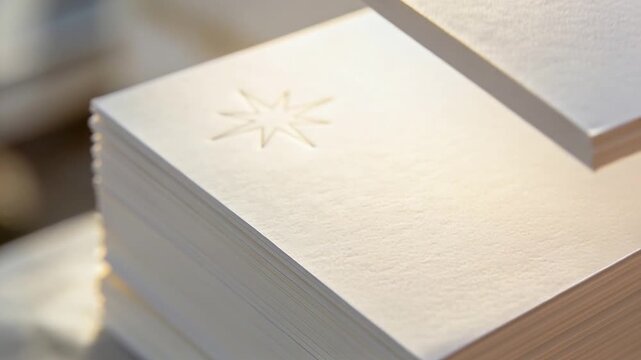 Shifting top sheet showing embossed eight-point star on thick paper stack on table with sunlight