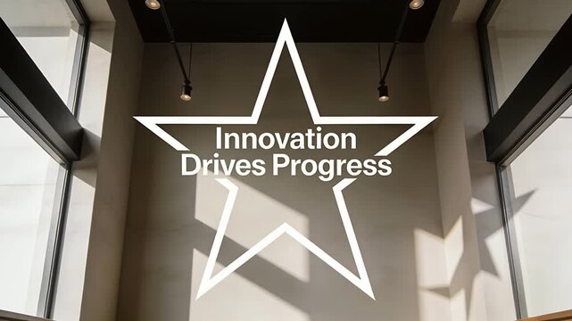 Animation starting white star with slogan text pulsing flares along outline in lobby windows