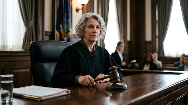 Senior Female Judge Sitting at Bench Holding Gavel in Law Courtroom Hearing