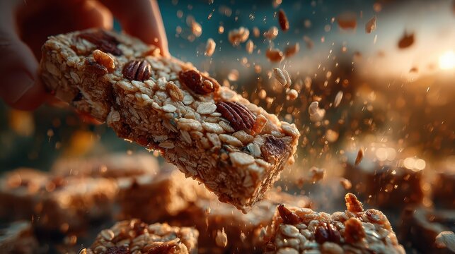 Close-up of a hand holding an oat bar with nuts and dried fruits high in detail against a sunset background