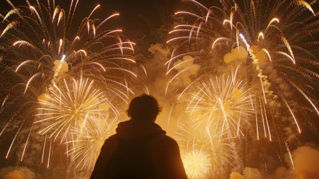 Watching adult silhouette reacting to fireworks launching over park, wearing hoodie and backpack