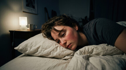 Fototapeta premium Young Person Lying In Bed At Night Feeling Unwell