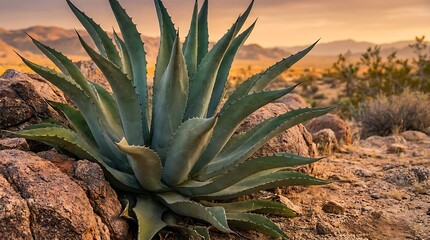 Obraz premium Large green agave plant growing in a dry rocky desert landscape at sunset. agave americana