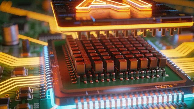 Lifting AI chip after probe contact, revealing stacked module and pins on green PCB, neon traces