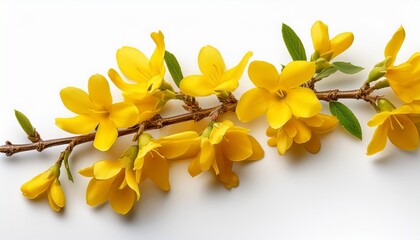 Obraz premium Vibrant Yellow Forsythia Flowers On A Branch Isolated On White Background