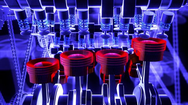 Dashboard ignition button press triggers working V8 engine animation. Valves, pistons and crankshaft in motion.
