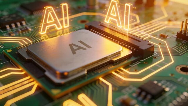 Pushing in, processor labeled AI receiving glowing traces on green PCB to highlight processing