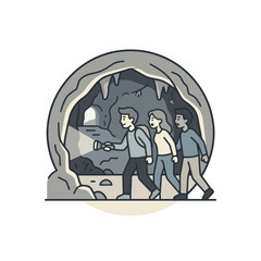Creative of Three People Exploring a Mysterious Underground Cave with Rock Formations and Dim Light © Yudi