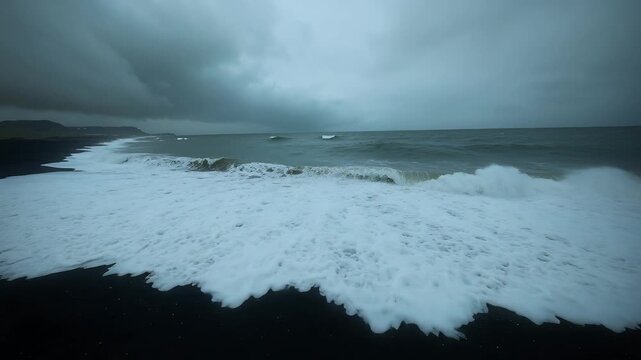 Surging sea waves, incoming swell and wind, breaking on black sand, spreading foam under low clouds