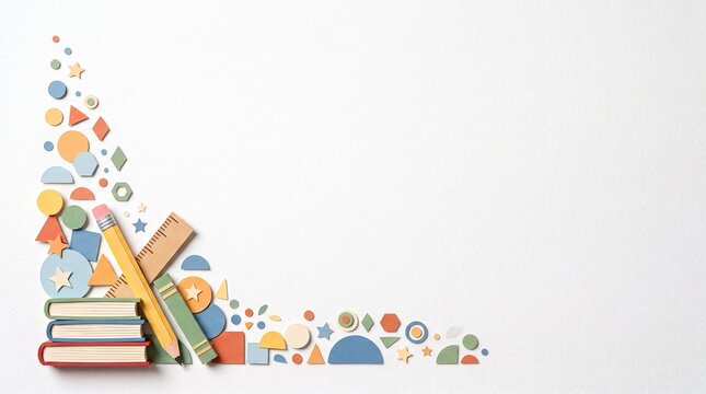 Minimal Paper Cut Education Border Corner with Books, Pencil and School Supplies