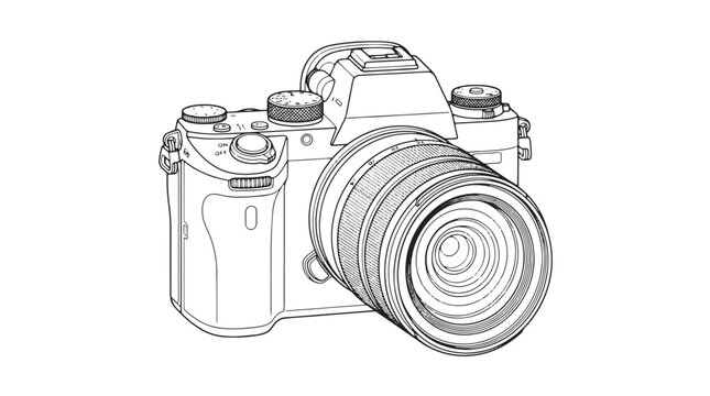 Professional mirrorless camera line art vector, digital SLR photography equipment illustration, modern photo camera with zoom lens technical drawing isolated on White Background