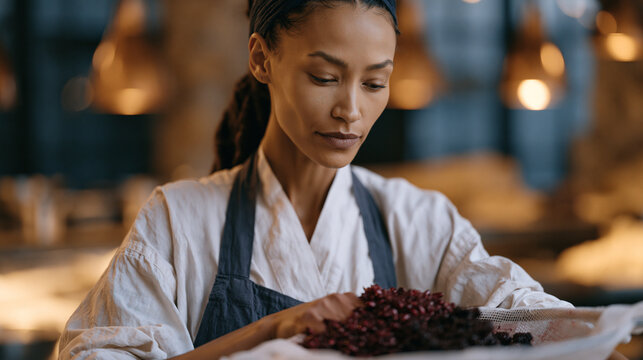 Ethiopian cook slowly pressing pomegranate seeds and dark berries through a fine mesh strainer, extracting polyphenol-rich juice for a functional wellness drink in a professional