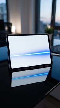 Modern digital tablet with glowing blue light line on screen displayed on dark reflective desk. Minimalist electronic device in office workspace. Concept of technology and innovation.