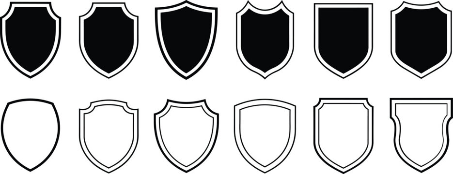 Minimal shield badge icon collection, black and white vector illustration outline emblem security symbol set pack