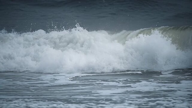 Breaking nearshore wave driven by swell steepening curling lip collapsing to white foam
