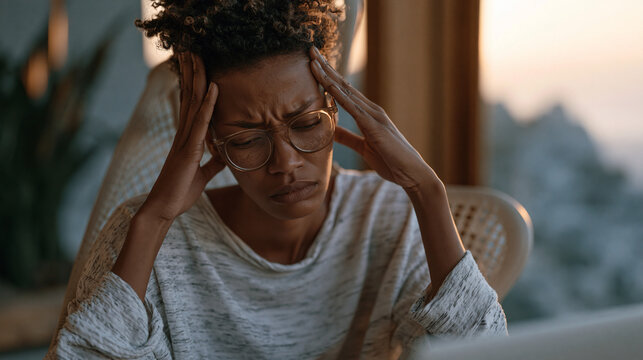 Nigerian remote worker slumping wearily in a ergonomic chair during a long video call, multiple application windows open, rubbing their temples with both hands, conveying the