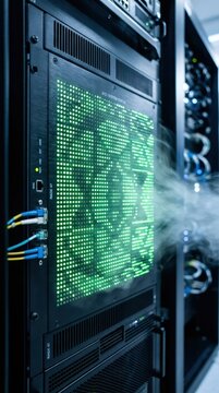 Overheated server rack emitting smoke in data center. Critical hardware failure and system breakdown concept. Network infrastructure security and emergency IT maintenance warning.