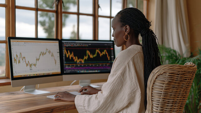 Forex trading platform on dual monitors inside a home office in Nairobi, a Kenyan trader in her thirties analyzing candlestick charts under dramatic overcast sky through a wide