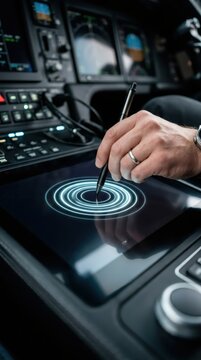 Pilot draws digital rings on cockpit tablet screen with stylus. Modern aviation flight navigation interface. Advanced airborne technology and aerospace electronic system management control.
