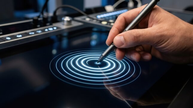 Man using stylus to interact with glowing ripple effect on touchscreen display. Concept of digital innovation, future interface control, and advanced software design for expert creators.