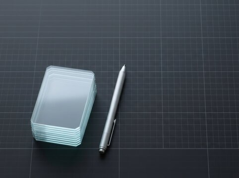 Stack of glass business cards and silver pen on dark cutting mat. Minimalist workspace concept for designer. Professional branding stationery mockup with copy space for design layout.