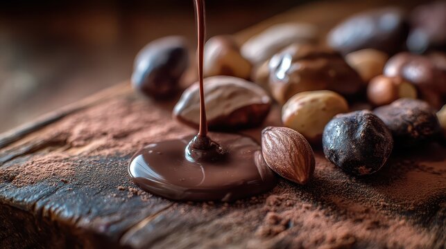Close-up of melted chocolate pou over assorted smooth round nuts and stones on rustic wooden surface