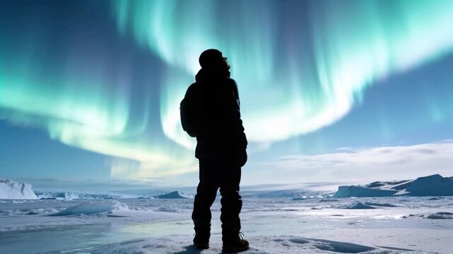 Rising aurora lone explorer wearing hooded parka shifting and turning head on ice carrying backpack