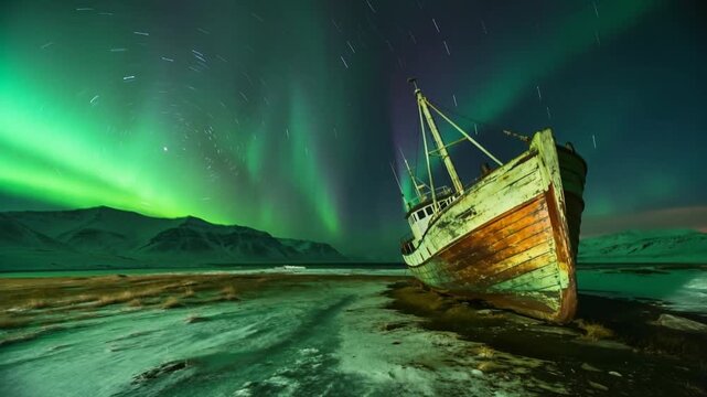Panning cam timelapse start capturing beached fishing boat on frozen coast under aurora, copy space