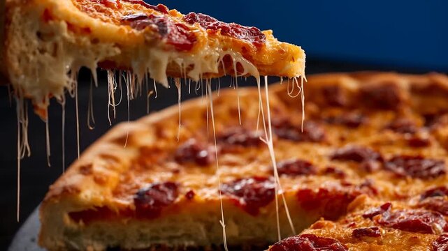 Lifting utensil pulling pepperoni pizza slice on dark pan, showing stretching mozzarella strands