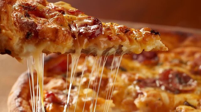 Lifting pepperoni slice by hand, pulling cheese strands on studio countertop with crust, herbs