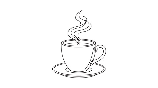 Minimalist coffee cup line art, steaming hot tea mug with saucer vector, simple black and white cafe beverage illustration for menu design isolated on White Background