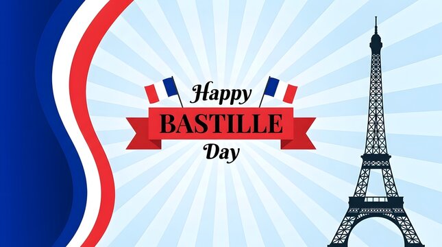 Happy Bastille Day banner template with Paris tower silhouette and tricolor wavy border on blue sunburst background for July 14 France National Day