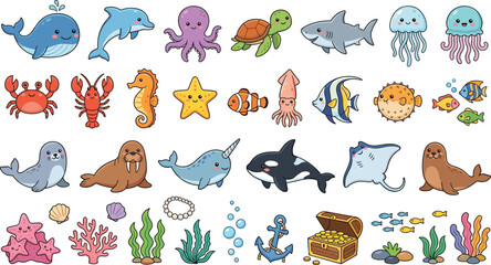 Obraz premium Cute Sea Creatures Vector Set with Whale, Shark, Octopus, Dolphin, Turtle, Seaweed, and Treasure Chest for Ocean Nursery Clipart Designs