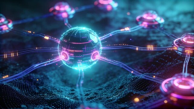 Scanning rising driving center cyan node sending pulses through tubes on mesh, syncing pink hubs