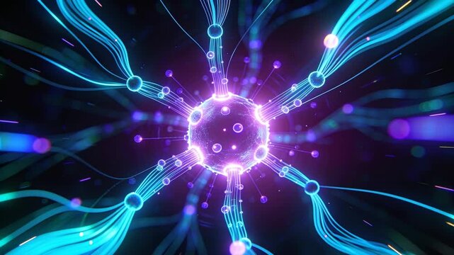 Brightening central glowing node sending streaks and beads along neon strands in void for signaling