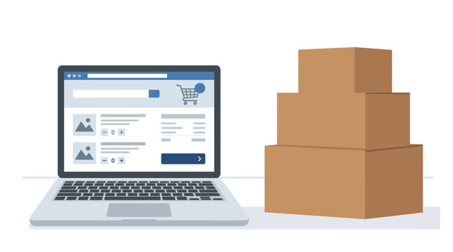 Laptop displaying online shopping cart next to stack of cardboard delivery boxes