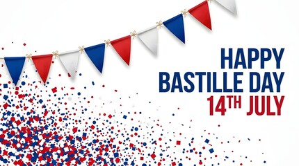 Happy Bastille Day banner template with tricolor hanging flags garland and confetti explosion for July 14 France National Day celebration