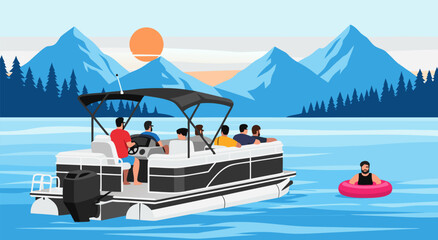 Pontoon boat cruising on a mountain lake vector illustration featuring a summer vacation design on a scenic landscape background © DOLARRIZ JHON