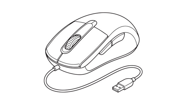 Computer mouse line art vector illustration, wired optical mouse with USB cable, ergonomic peripheral device for desktop PC and office work isolated on White Background