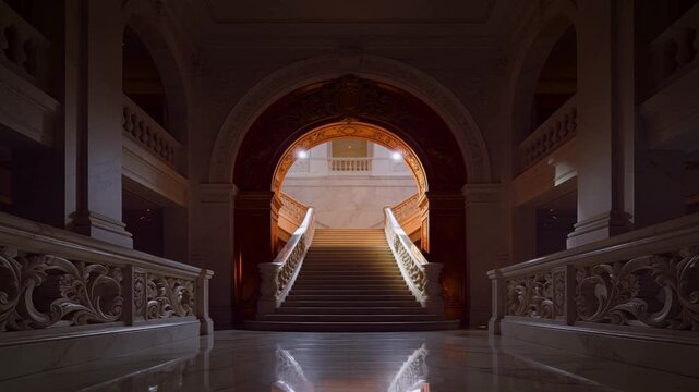 Dimming ambient light bathing central marble staircase and gilded arch in palace, with balustrades